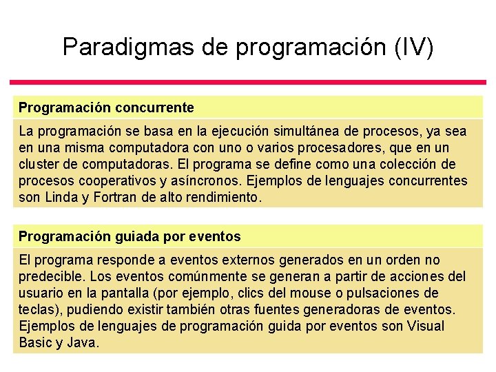 Paradigmas de programación (IV) Programación concurrente La programación se basa en la ejecución simultánea