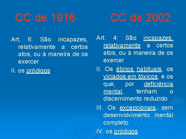 CC de 1916 Art. 6: São incapazes, relativamente a certos atos, ou à maneira