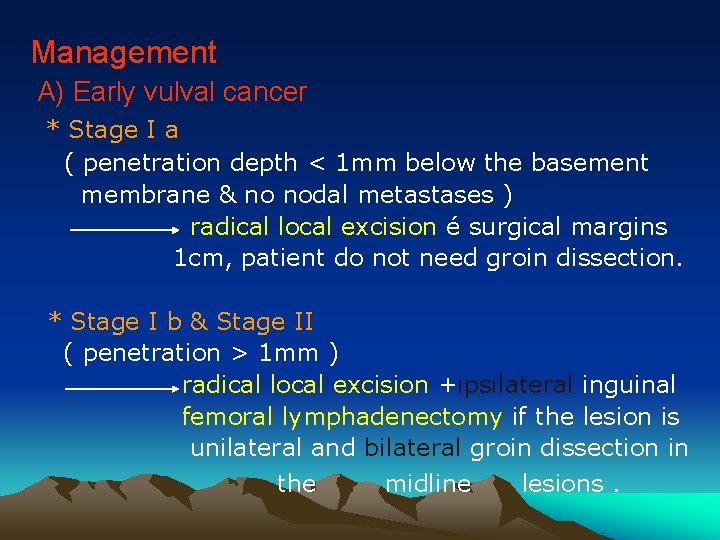 Management A) Early vulval cancer * Stage I a ( penetration depth < 1