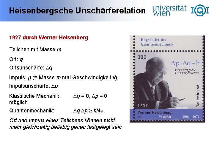 Heisenbergsche Unschärferelation 1927 durch Werner Heisenberg Teilchen mit Masse m Ort: q Ortsunschärfe: q