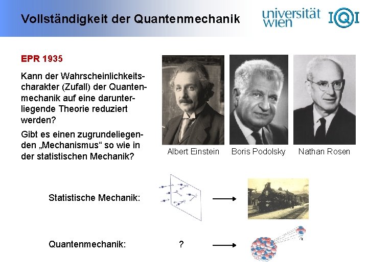 Vollständigkeit der Quantenmechanik EPR 1935 Kann der Wahrscheinlichkeitscharakter (Zufall) der Quantenmechanik auf eine darunterliegende