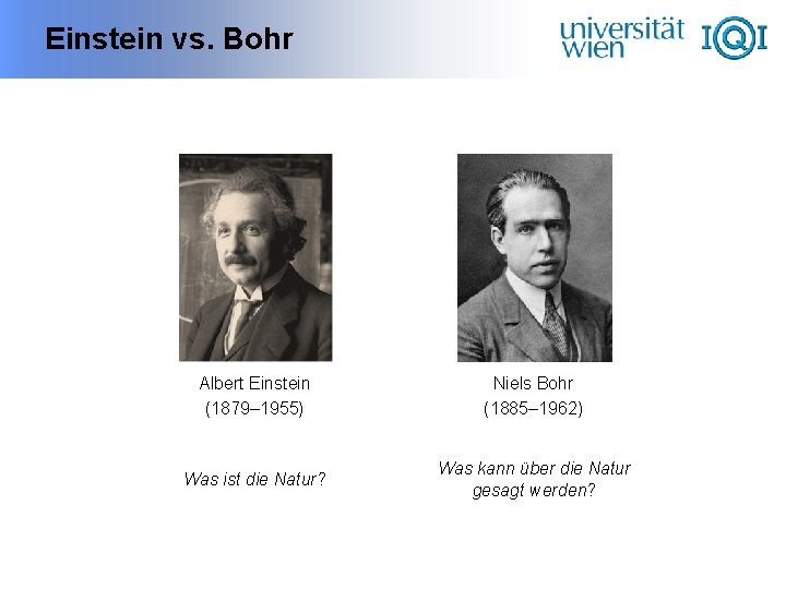 Einstein vs. Bohr Albert Einstein (1879– 1955) Niels Bohr (1885– 1962) Was ist die