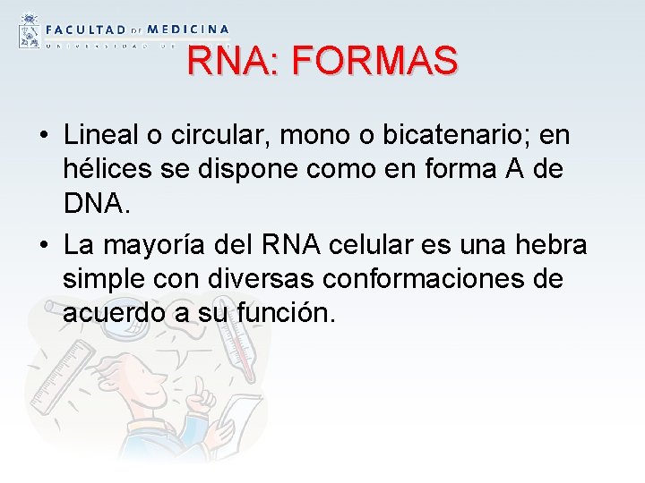 RNA: FORMAS • Lineal o circular, mono o bicatenario; en hélices se dispone como