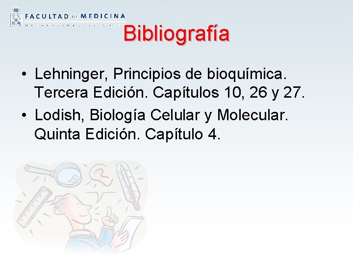 Bibliografía • Lehninger, Principios de bioquímica. Tercera Edición. Capítulos 10, 26 y 27. •