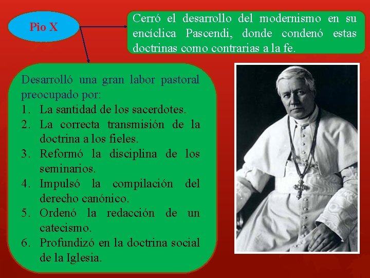 Pio X Cerró el desarrollo del modernismo en su encíclica Pascendi, donde condenó estas