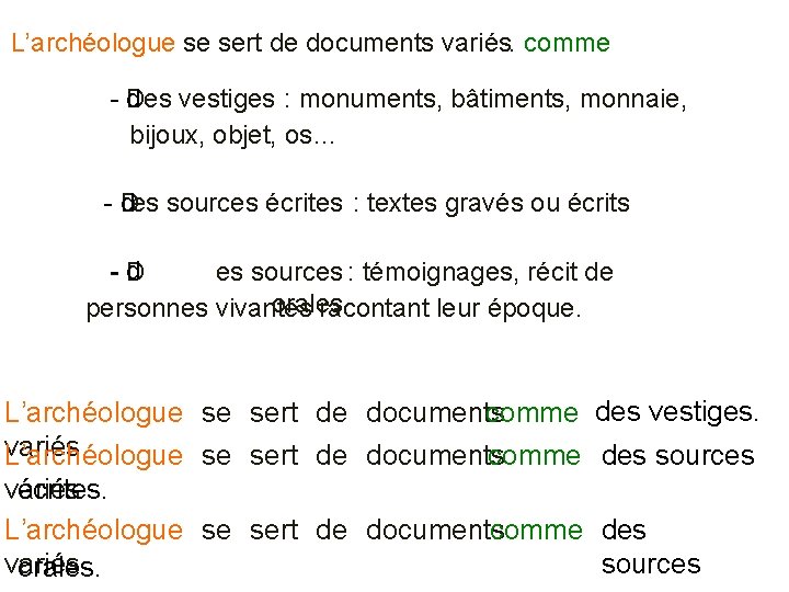L’archéologue se sert de documents variés. comme -d Des vestiges : monuments, bâtiments, monnaie,