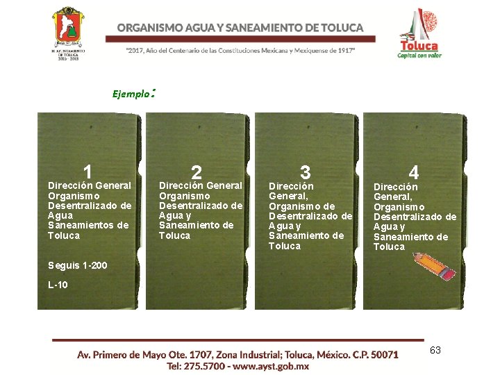 Ejemplo: 1 Dirección General Organismo Desentralizado de Agua Saneamientos de Toluca 2 Dirección General