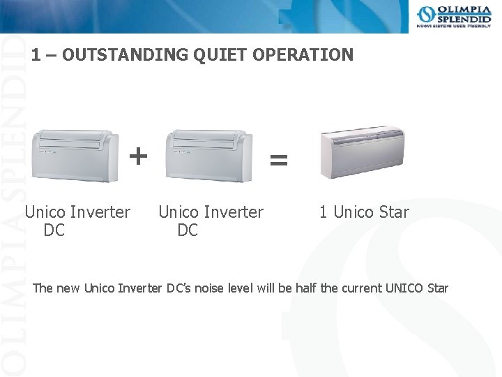 1 – OUTSTANDING QUIET OPERATION + Unico Inverter DC = Unico Inverter DC 1