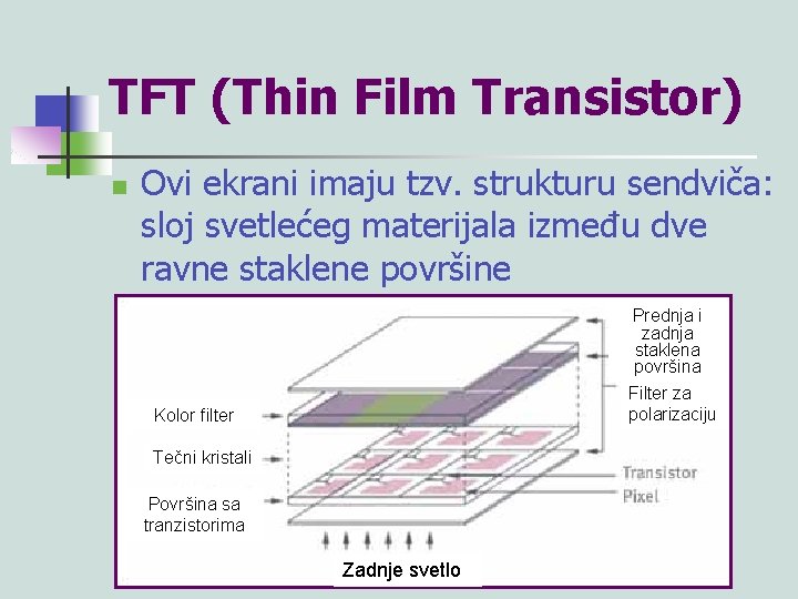 TFT (Thin Film Transistor) n Ovi ekrani imaju tzv. strukturu sendviča: sloj svetlećeg materijala