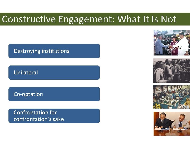 Constructive Engagement: What It Is Not Destroying institutions Unilateral Co-optation Confrontation for confrontation’s sake
