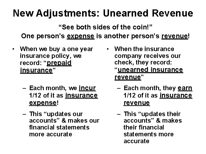 New Adjustments: Unearned Revenue “See both sides of the coin!” One person’s expense is