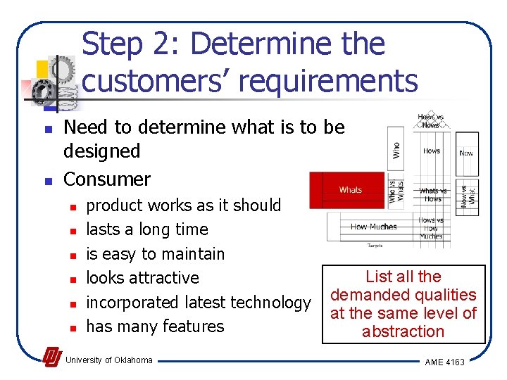 Step 2: Determine the customers’ requirements n n Need to determine what is to