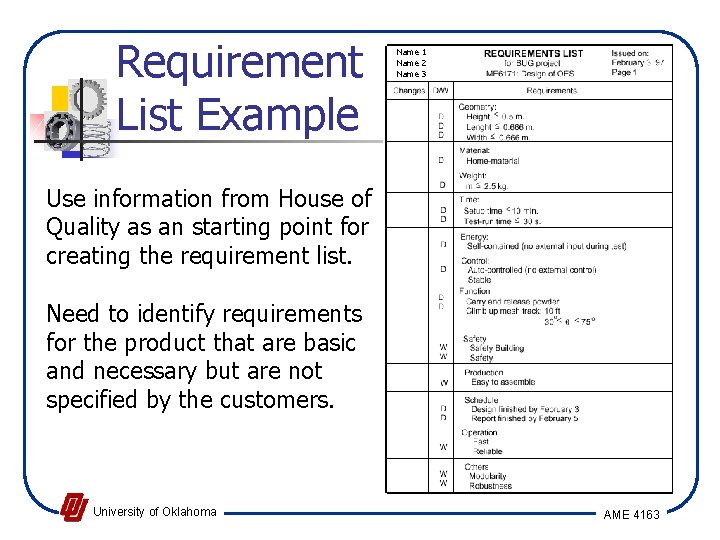 Requirement List Example Name 1 Name 2 Name 3 Use information from House of