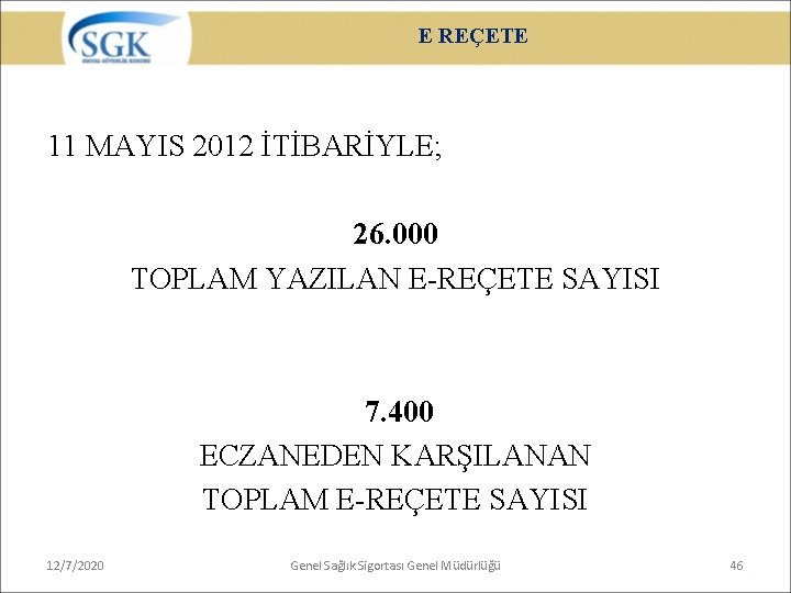 E REÇETE 11 MAYIS 2012 İTİBARİYLE; 26. 000 TOPLAM YAZILAN E-REÇETE SAYISI 7. 400