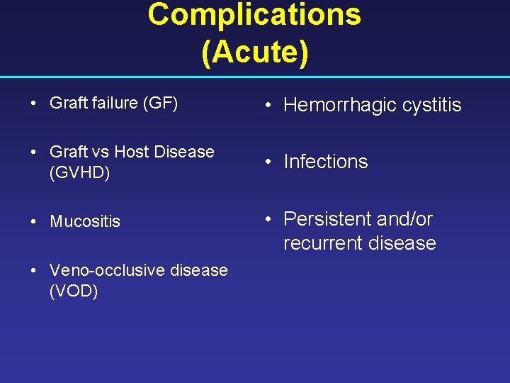 Complications (Acute) • Graft failure (GF) • Hemorrhagic cystitis • Graft vs Host Disease
