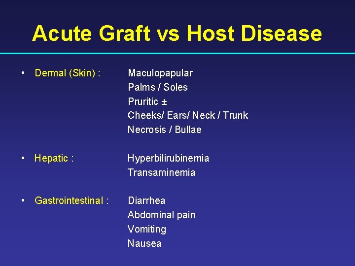 Acute Graft vs Host Disease • Dermal (Skin) : Maculopapular Palms / Soles Pruritic