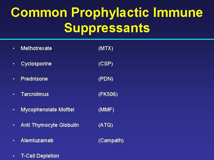 Common Prophylactic Immune Suppressants • Methotrexate (MTX) • Cyclosporine (CSP) • Prednisone (PDN) •
