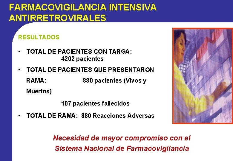 FARMACOVIGILANCIA INTENSIVA ANTIRRETROVIRALES RESULTADOS • TOTAL DE PACIENTES CON TARGA: 4202 pacientes • TOTAL FARMACOVIGILANCIA INTENSIVA ANTIRRETROVIRALES RESULTADOS • TOTAL DE PACIENTES CON TARGA: 4202 pacientes • TOTAL