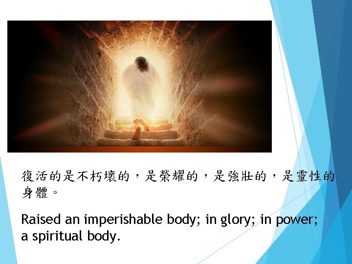 復活的是不朽壞的，是榮耀的，是強壯的，是靈性的 身體。 Raised an imperishable body; in glory; in power; a spiritual body. 