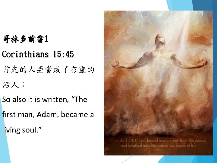 哥林多前書 1 Corinthians 15: 45 首先的人亞當成了有靈的 活人； So also it is written, “The first