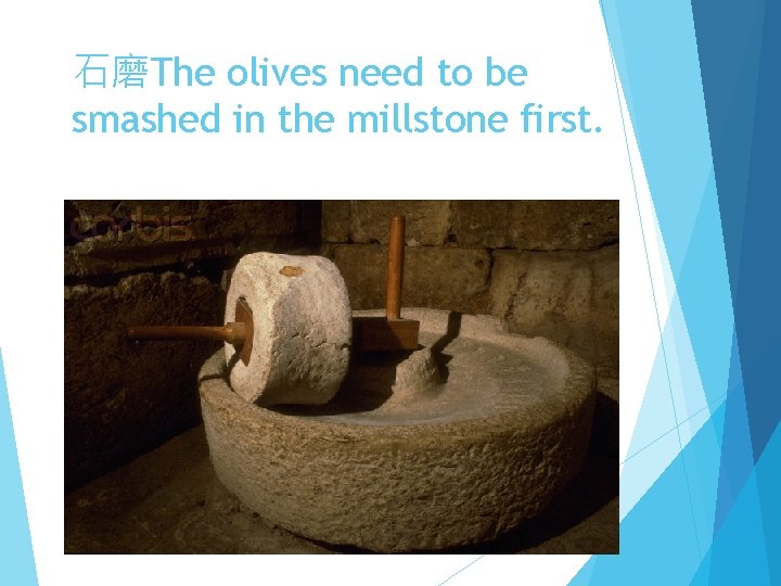 石磨The olives need to be smashed in the millstone first. 