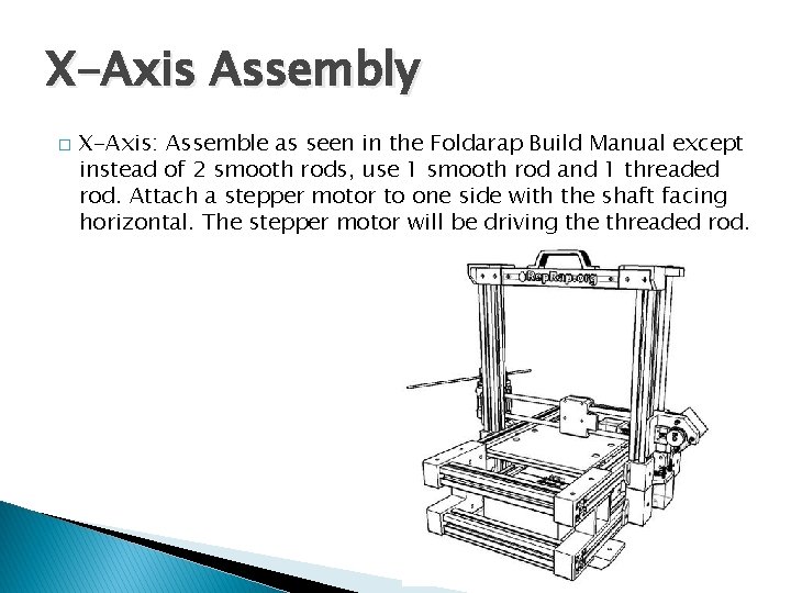 X-Axis Assembly � X-Axis: Assemble as seen in the Foldarap Build Manual except instead