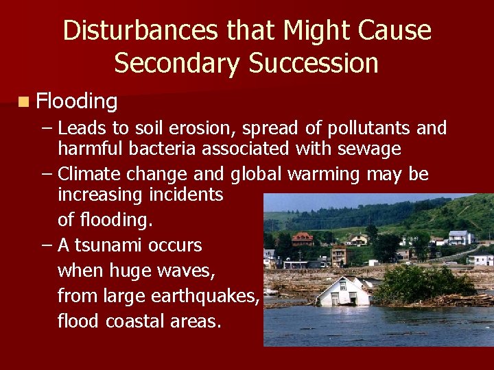 Disturbances that Might Cause Secondary Succession n Flooding – Leads to soil erosion, spread