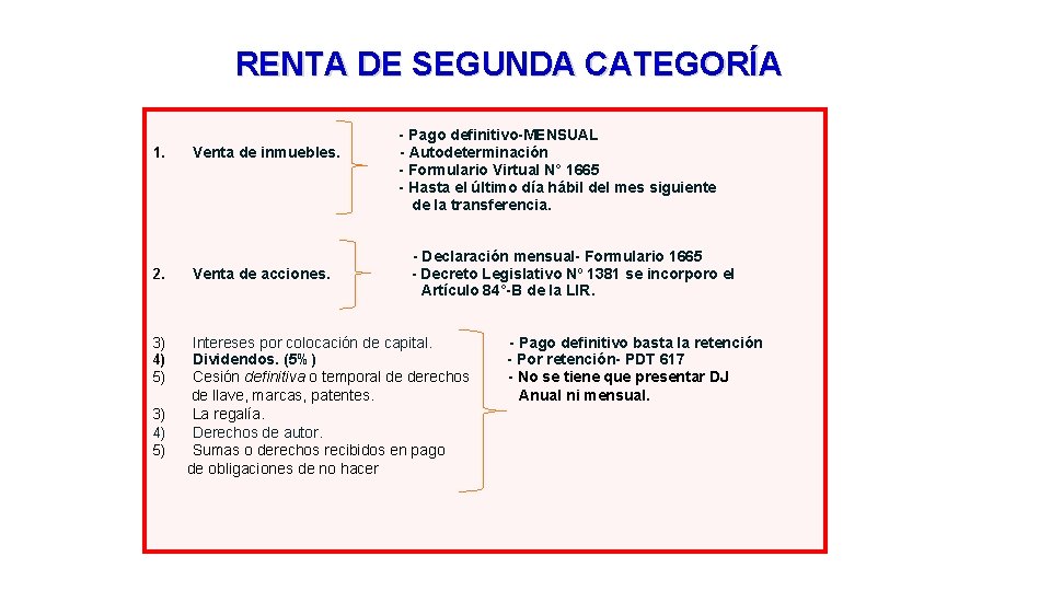 RENTA DE SEGUNDA CATEGORÍA 1. 2. Venta de inmuebles. Venta de acciones. - Pago