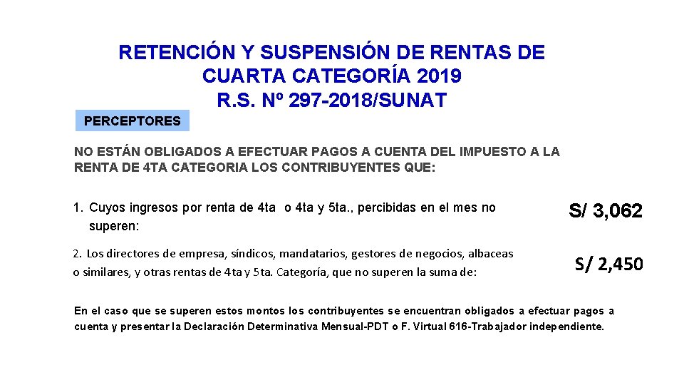 RETENCIÓN Y SUSPENSIÓN DE RENTAS DE CUARTA CATEGORÍA 2019 R. S. Nº 297 -2018/SUNAT