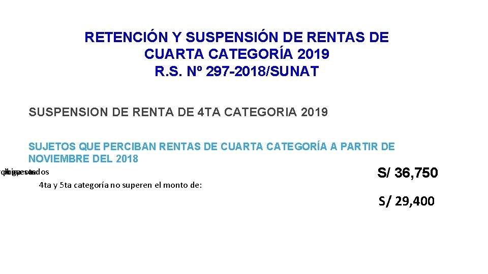 RETENCIÓN Y SUSPENSIÓN DE RENTAS DE CUARTA CATEGORÍA 2019 R. S. Nº 297 -2018/SUNAT