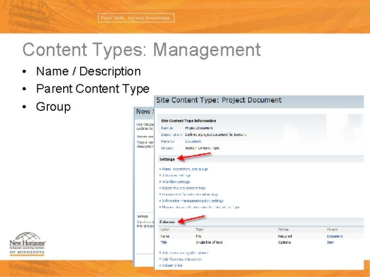 Content Types: Management • Name / Description • Parent Content Type • Group 