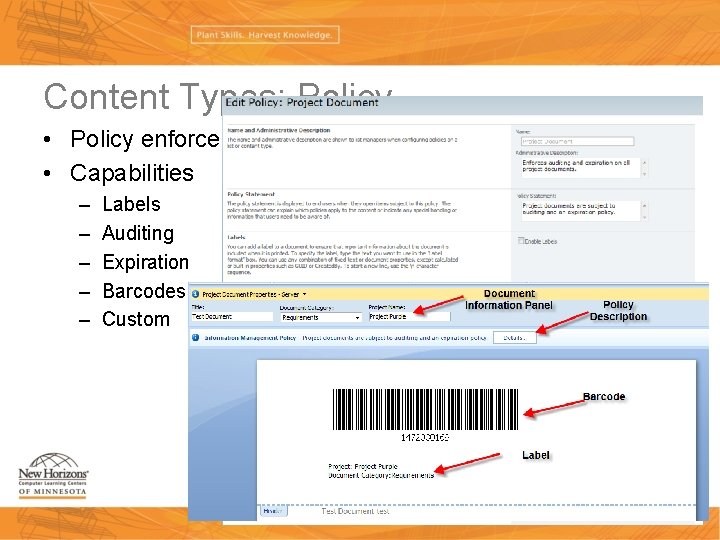 Content Types: Policy • Policy enforcement • Capabilities – – – Labels Auditing Expiration