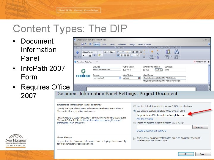 Content Types: The DIP • Document Information Panel • Info. Path 2007 Form •