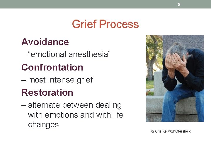 5 Grief Process Avoidance – “emotional anesthesia” Confrontation – most intense grief Restoration –
