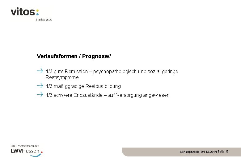 Verlaufsformen / Prognose// 1/3 gute Remission – psychopathologisch und sozial geringe Restsymptome 1/3 mäßiggradige