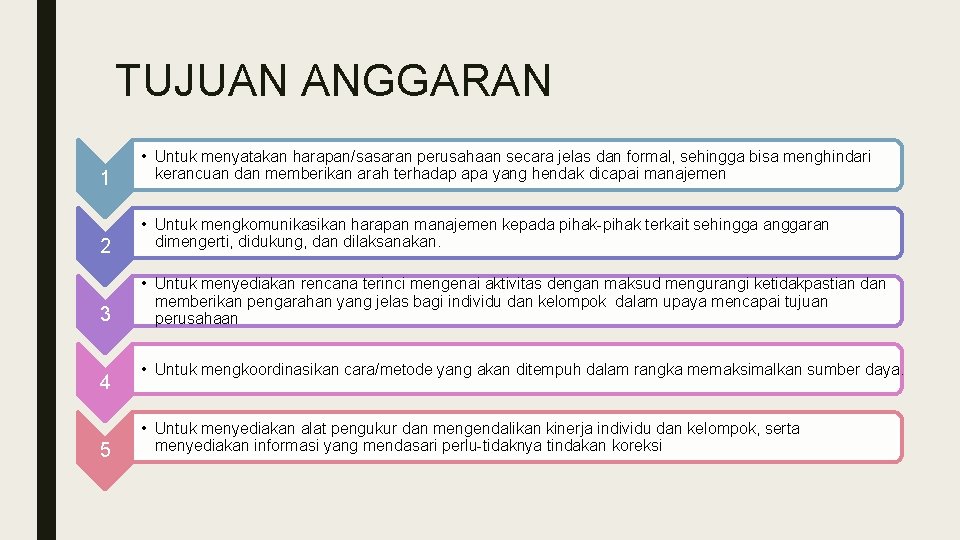 TUJUAN ANGGARAN 1 • Untuk menyatakan harapan/sasaran perusahaan secara jelas dan formal, sehingga bisa