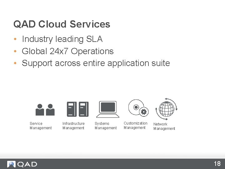 QAD Cloud Services • Industry leading SLA • Global 24 x 7 Operations •