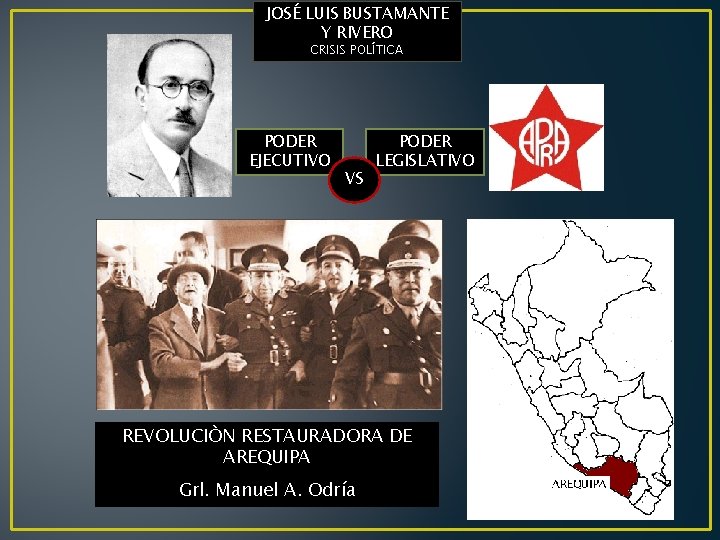 JOSÉ LUIS BUSTAMANTE Y RIVERO CRISIS POLÍTICA PODER EJECUTIVO VS PODER LEGISLATIVO REVOLUCIÒN RESTAURADORA
