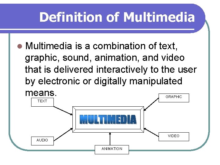 Definition of Multimedia l Multimedia is a combination of text, graphic, sound, animation, and