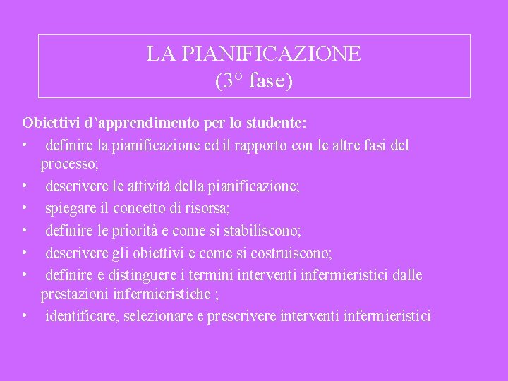 LA PIANIFICAZIONE (3° fase) Obiettivi d’apprendimento per lo studente: • definire la pianificazione ed