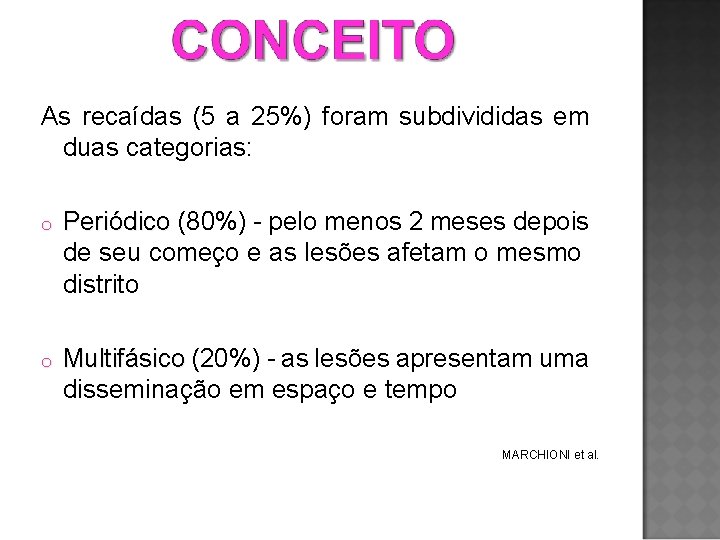 As recaídas (5 a 25%) foram subdivididas em duas categorias: o Periódico (80%) -