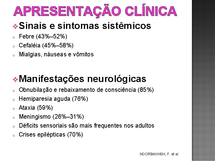 APRESENTAÇÃO CLÍNICA v. Sinais e sintomas sistêmicos o o o Febre (43%– 52%) Cefaléia