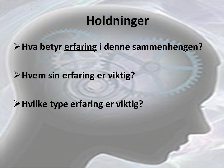 Holdninger Ø Hva betyr erfaring i denne sammenhengen? Ø Hvem sin erfaring er viktig?