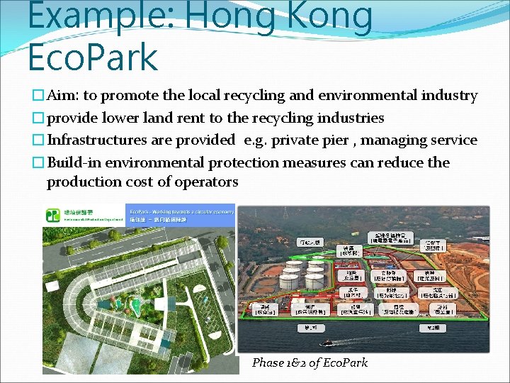 Example: Hong Kong Eco. Park �Aim: to promote the local recycling and environmental industry