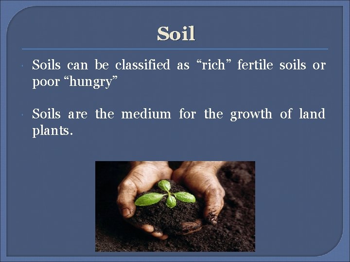 Soil Soils can be classified as “rich” fertile soils or poor “hungry” Soils are