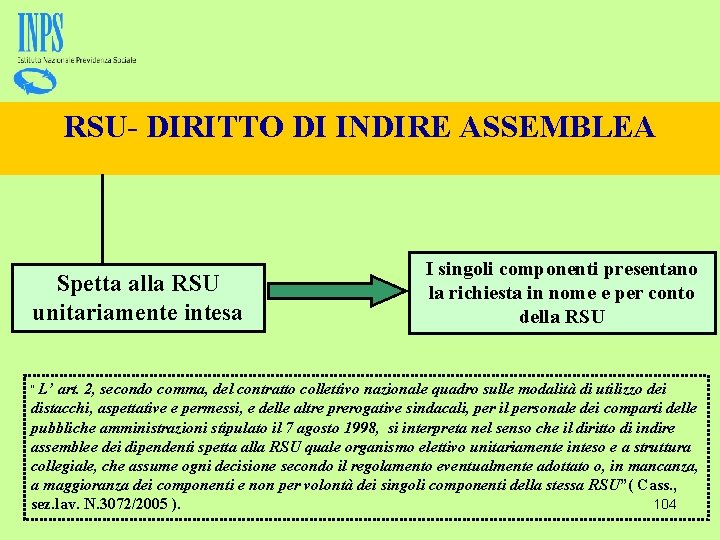 RSU- DIRITTO DI INDIRE ASSEMBLEA Spetta alla RSU unitariamente intesa “ L’ I singoli