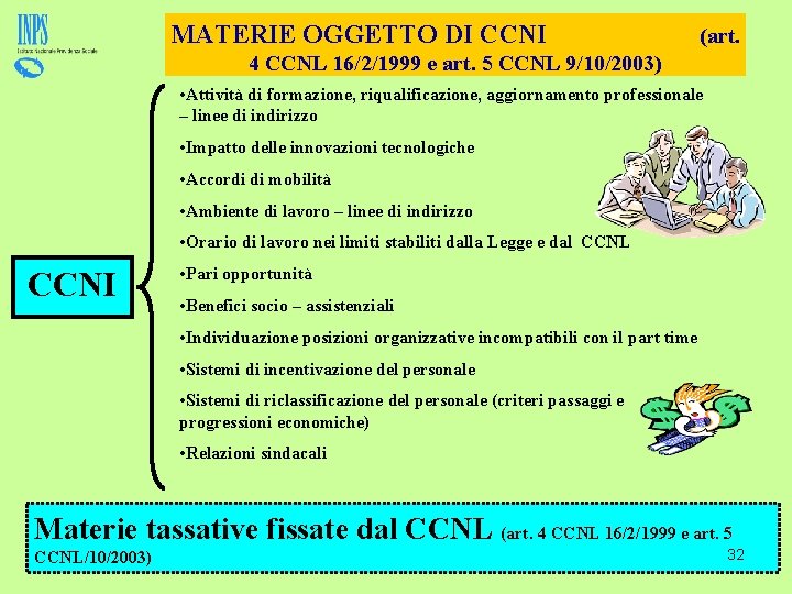 MATERIE OGGETTO DI CCNI (art. 4 CCNL 16/2/1999 e art. 5 CCNL 9/10/2003) •