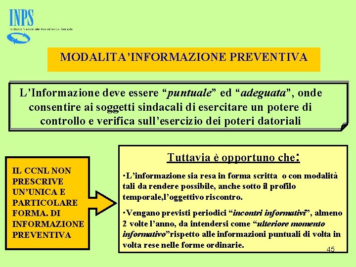 MODALITA’INFORMAZIONE PREVENTIVA L’Informazione deve essere “puntuale” ed “adeguata”, onde consentire ai soggetti sindacali di