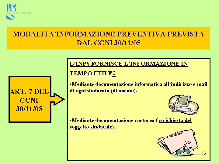 MODALITA’INFORMAZIONE PREVENTIVA PREVISTA DAL CCNI 30/11/05 L’INPS FORNISCE L’INFORMAZIONE IN TEMPO UTILE: ART. 7