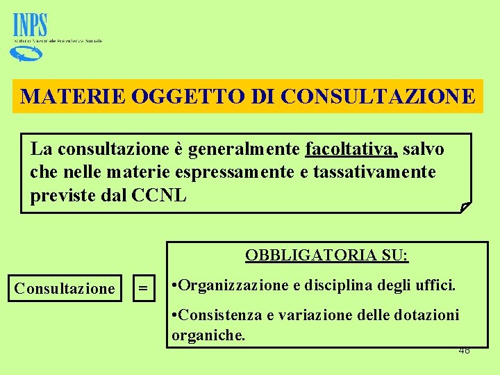 MATERIE OGGETTO DI CONSULTAZIONE La consultazione è generalmente facoltativa, salvo che nelle materie espressamente